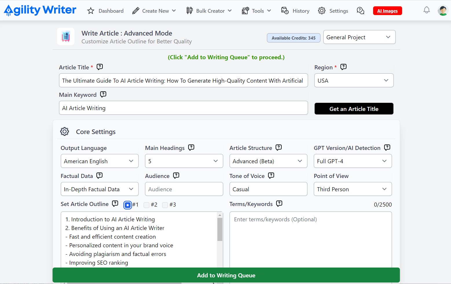 Advanced Mode settings screen with writing style and SEO options