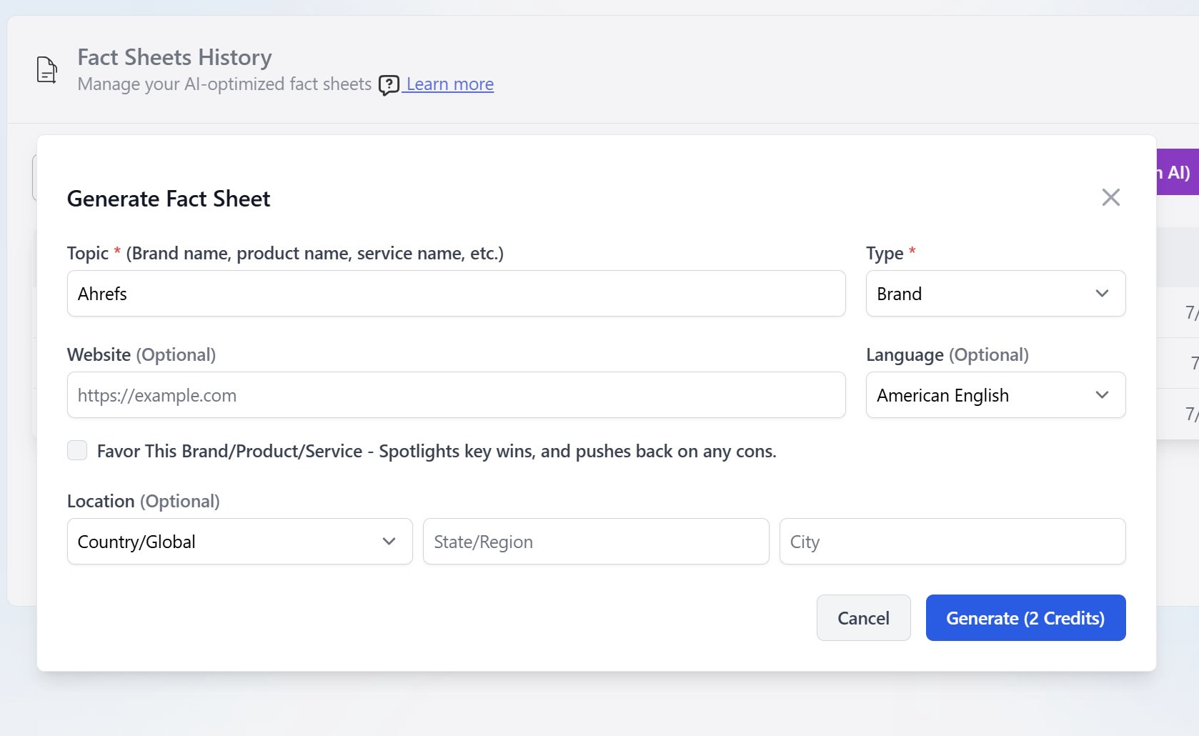 Fact Sheets step 1: Create a fact sheet