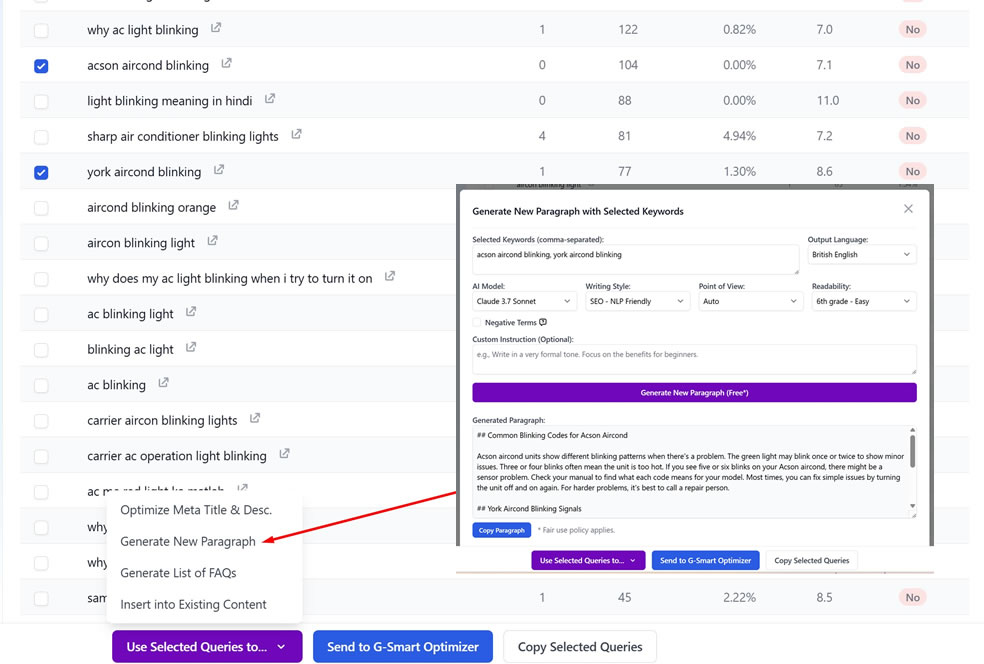 GSC Missing Query Helper suggesting new paragraphs from Search Console data