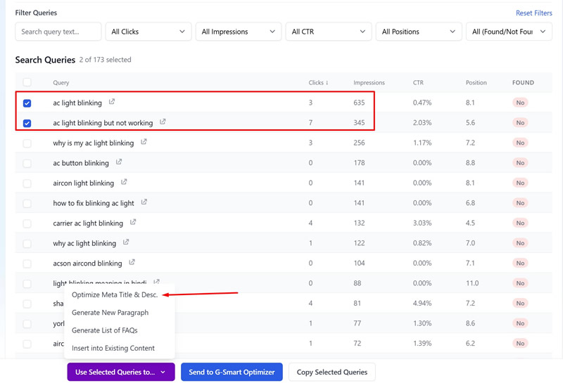 Missing Queries Helper showing the four optimization fixes for a page