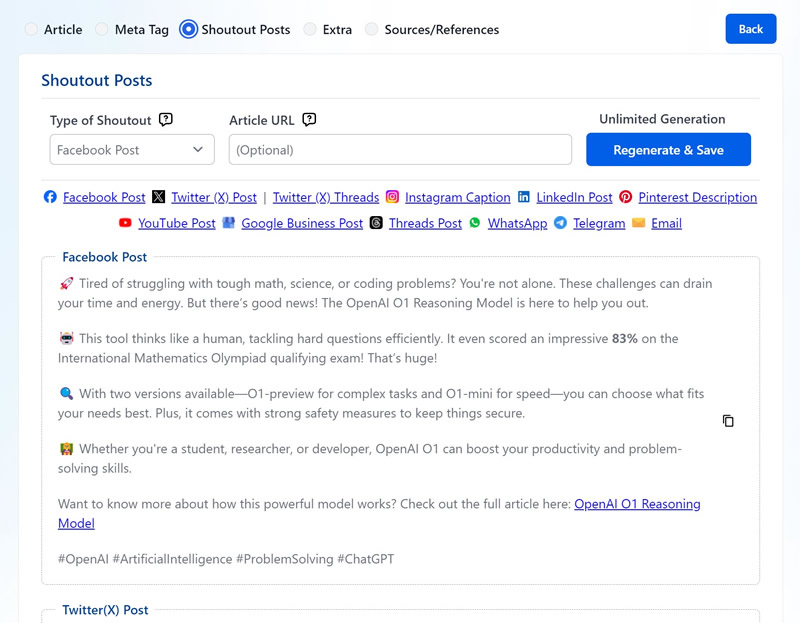 Shoutout post generator creating social media posts from an article