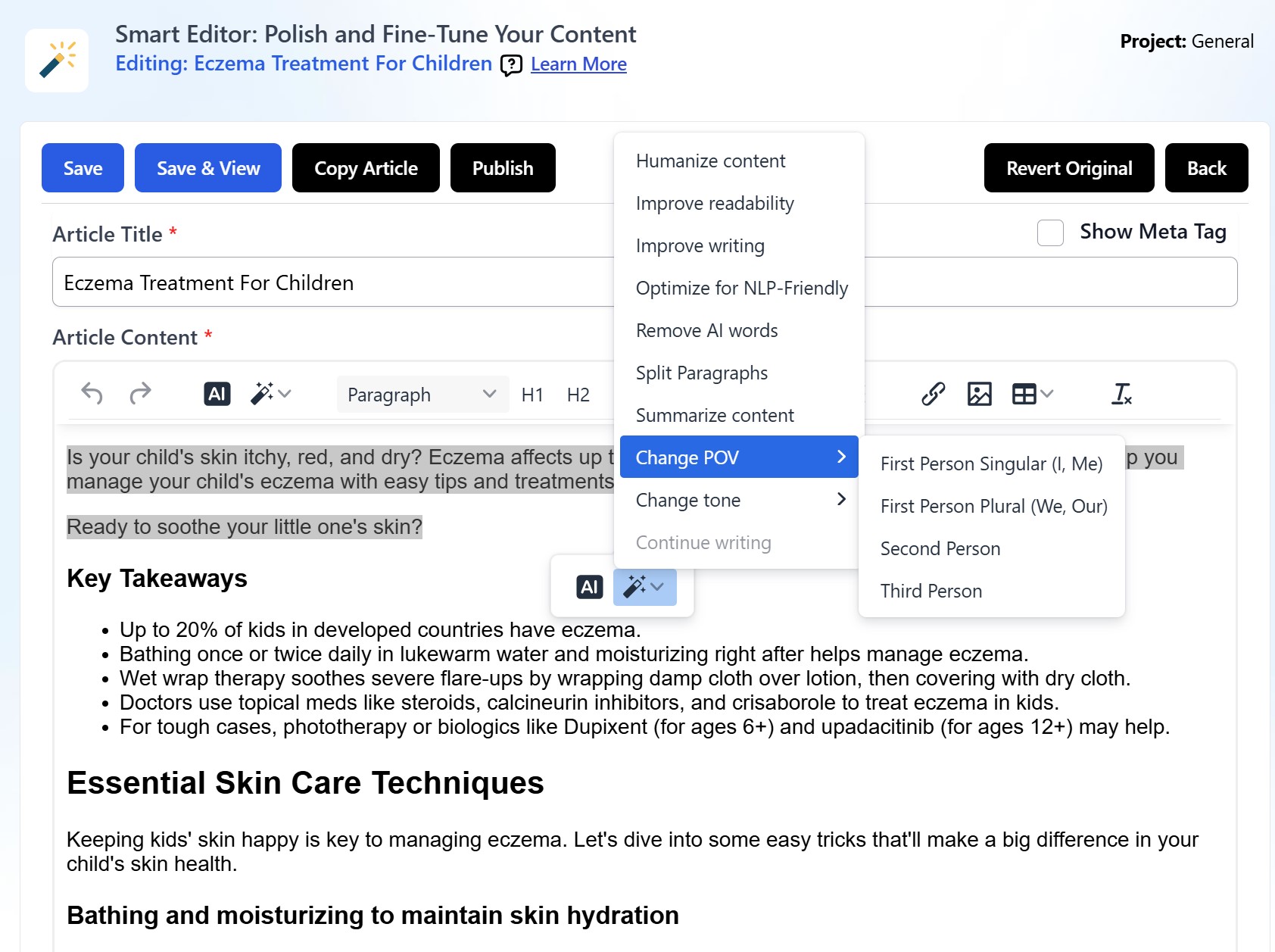 Smart Editor overview showing tone, readability, and schema controls