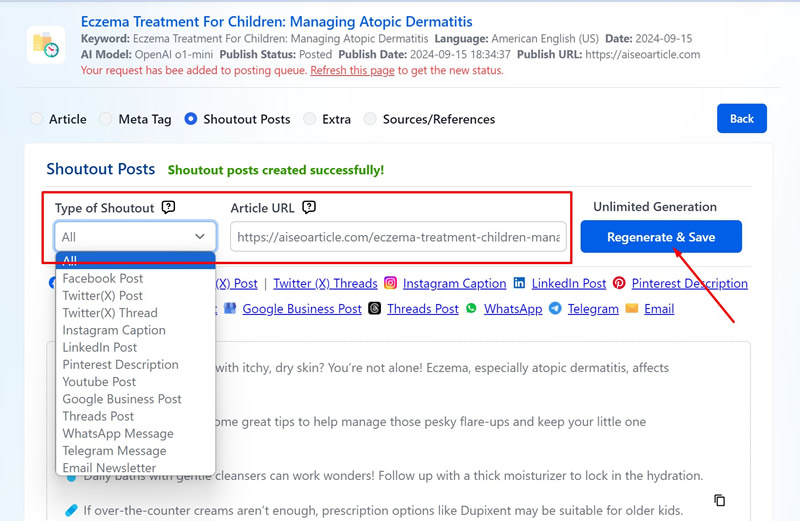 Social Posts step 4: Regenerate on demand