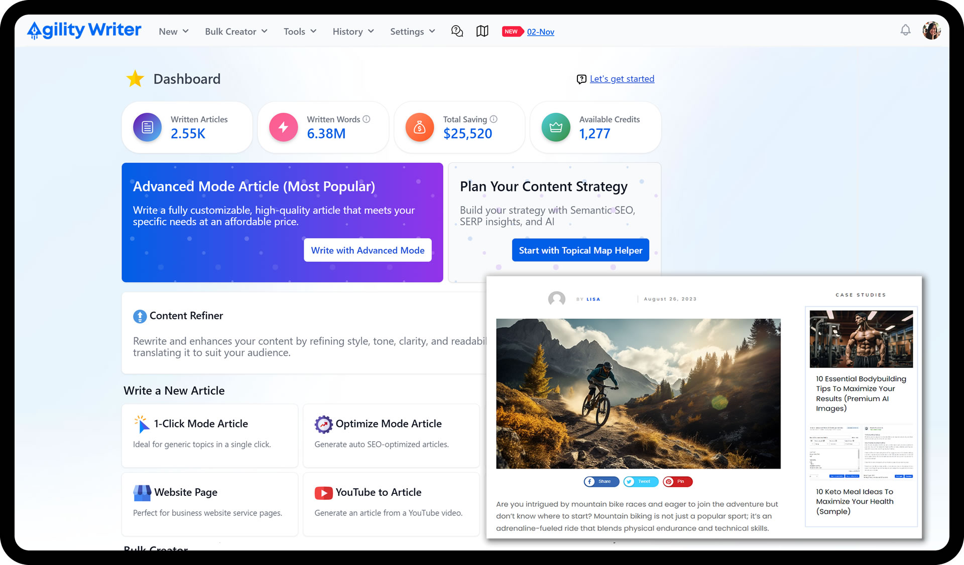 Agility Writer dashboard overview