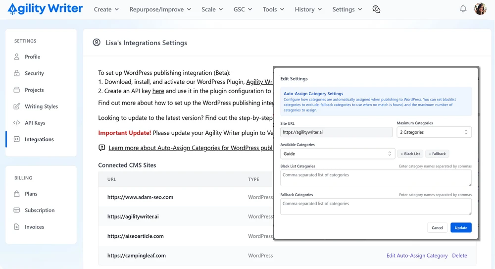 Agility Writer WordPress integration