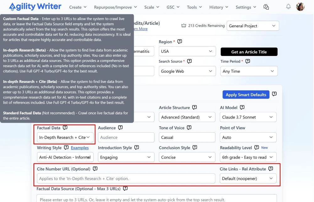 Agility Writer in-depth research and citation setup