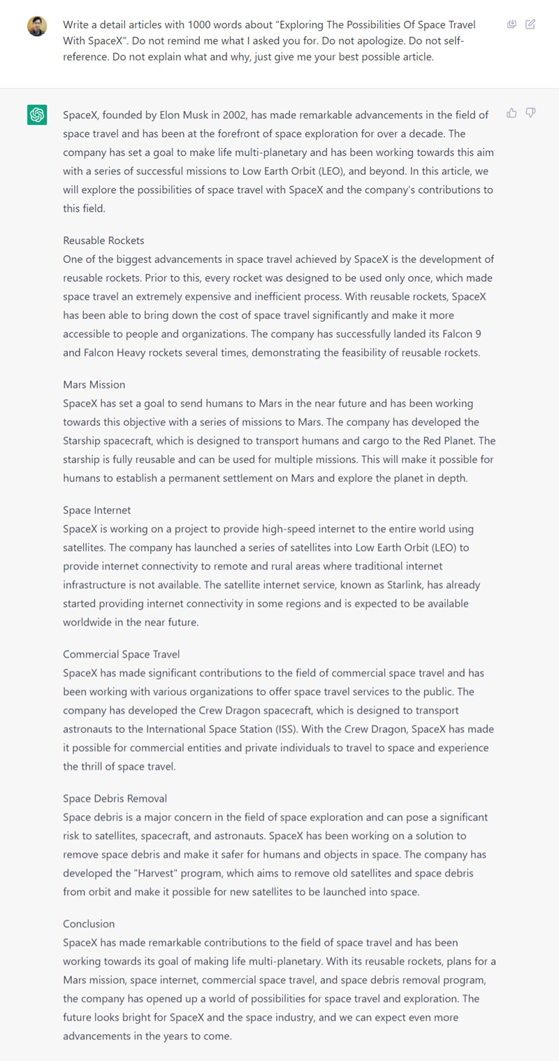 ChatGPT SpaceX article result, 530 words