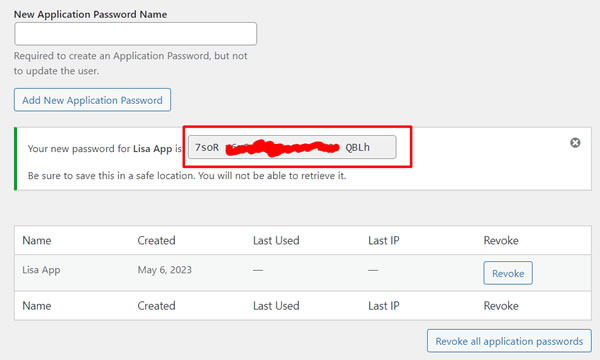 Copying the generated WordPress application password