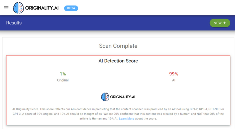 ChatGPT flagged as AI content by Originality.ai
