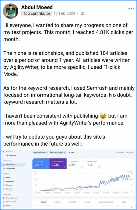 Agility Writer customer review screenshot from Abdul