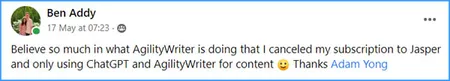 Agility Writer customer review screenshot from Ben