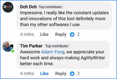 Agility Writer customer review screenshot from Dch