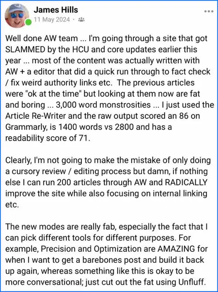 Agility Writer customer review screenshot from James