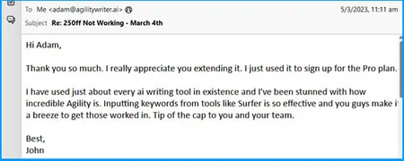 Agility Writer customer review screenshot from John
