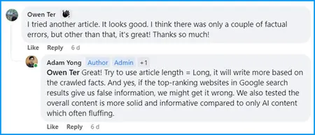 Agility Writer customer review screenshot from Owen