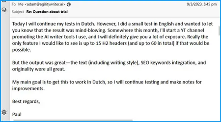 Agility Writer customer review screenshot from Paul