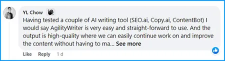 Agility Writer customer review screenshot from YL Chow